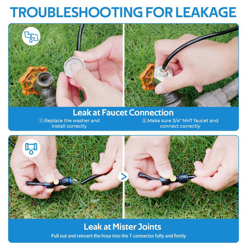 Troubleshooting leakages in Outdoor Misting System For Patio And Garden, 26Ft Flexible Tubing With 7 Brass Nozzles All 3/4 Inch Brass Adapter.