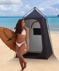 Camping Shower Tent For Privacy On The Go on beach, spacious 63 inch square shelter, UPF 50 sun guard, with floor.