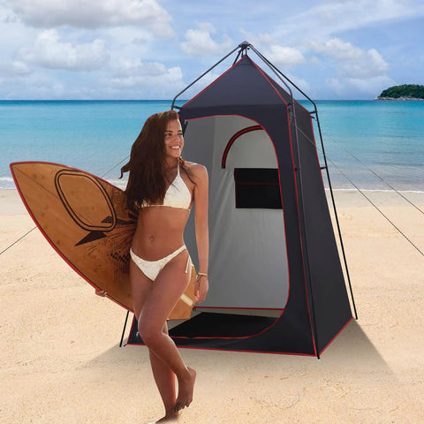 Camping Shower Tent For Privacy On The Go on beach, spacious 63 inch square shelter, UPF 50 sun guard, with floor.