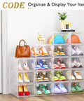 Heavy Duty Super Clear Shoe Organizer With Reinforced Magnetic Front Door Stackable Storage Box displaying colorful shoes and hats.