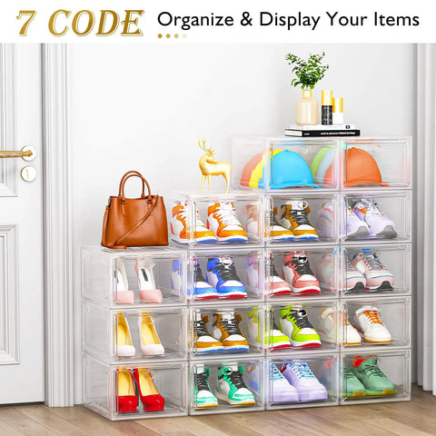 Heavy Duty Super Clear Shoe Organizer With Reinforced Magnetic Front Door Stackable Storage Box displaying colorful shoes and hats.