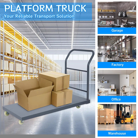 Heavy Duty Steel Platform Truck with three cardboard boxes on a gray deck, ideal for warehouses, 60X30, 2000 Lb capacity.