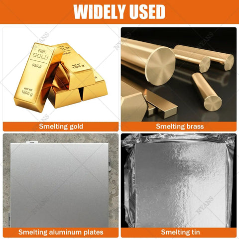 Image showing bars of gold, brass rods, aluminum sheets, and tin foil used with Beastly 1 To 3 Kg Gold Melting Furnace With 2102F Electric Heat Graphite Crucible Included Gold Melting Kit For Jewelry Casting And Refining Gold Silver Copper And Aluminum.