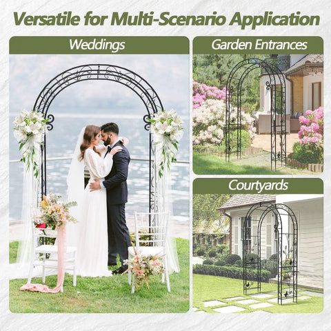 Versatile Metal Garden Arch Gate 51 Inch Long By 88 Inch Tall, rustproof steel trellis in wedding, garden entrance, courtyard settings.