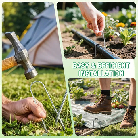 Heavy Duty 12 Inch 8 Gauge Galvanized Landscape Staples, U Shaped Ground Cover Stakes, Pack Of 25, in use in garden settings