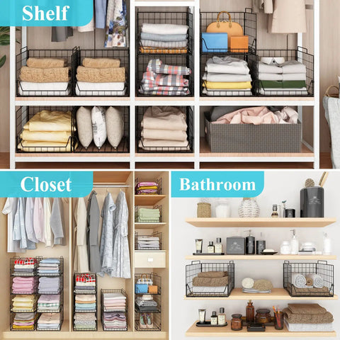 Shelf with stackable closet organizer bins 4 pack for wardrobe and laundry room, foldable drawer shelf storage, sturdy metal clothes containers.
