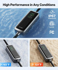 Level 2 EV Charger With 40A NACS, 25Ft Extension Cord, WiFi Smart App, 240V NEMA 14 50 Plug, Works With All Tesla Models S X 3 Y, UL ETL FCC Certified, Safe Fast Home Charging For Your Ride shown with IP67 rating in wet, cold, and hot conditions.