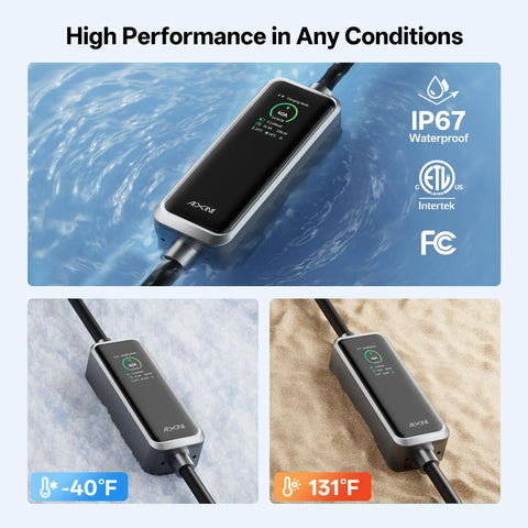 Level 2 EV Charger With 40A NACS, 25Ft Extension Cord, WiFi Smart App, 240V NEMA 14 50 Plug, Works With All Tesla Models S X 3 Y, UL ETL FCC Certified, Safe Fast Home Charging For Your Ride shown with IP67 rating in wet, cold, and hot conditions.