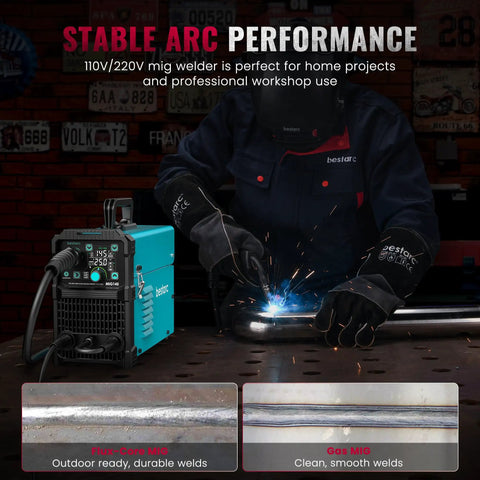 145A Dual Voltage MIG Welder for Home DIY in use, showcasing 4 in 1 welding modes with LED display for beginners
