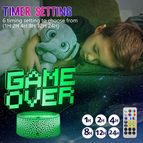 Child sleeping with green 'Game Over' 3D illusion gamer night light, remote control and timer settings shown.
