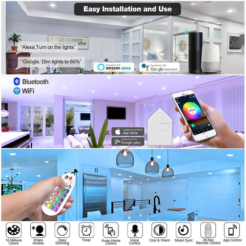 Display of Six Pack 6 Inch Smart Can Lights With WiFi Bluetooth Remote RGBCW Multicolor Recessed LED Downlights in a living room and kitchen setup.
