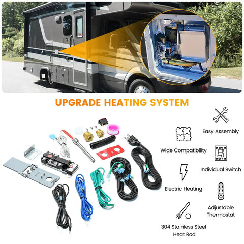 RV Electric Water Heater Hybrid Kit Converts Propane To 120V Power 6 Gallon Capacity Compatible With Suburban And Atwood Heaters Save Gas Safer Hot Water On The Road Easy DIY Install, displayed with installation components and RV application.