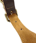 Detail of Premium Full Grain Heavy Duty Leather Dog Collar Built Tough For Large Dogs with aged raw brass buckle and suede padding.