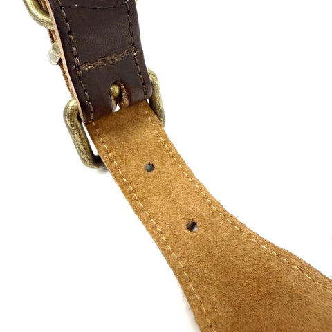 Detail of Premium Full Grain Heavy Duty Leather Dog Collar Built Tough For Large Dogs with aged raw brass buckle and suede padding.