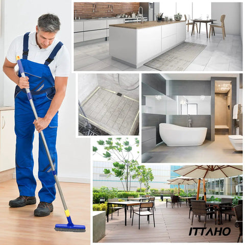Man using 2 Pack Long Handle Grout Brush With 56.5 Inch Swivel V Shape Scrub Tool For Tile Floors Bathroom Shower Baseboard And Corner Deep Clean Power Scrub Extendable Handle on wood floor with inset images of clean indoor and outdoor spaces.