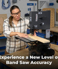 Pro Level Band Saw Fence With Hella Precise Drift Adjustment And Laser Cursor For 14 Inch Woodworking Bandsaws in use on a workbench.