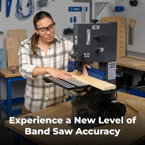 Pro Level Band Saw Fence With Hella Precise Drift Adjustment And Laser Cursor For 14 Inch Woodworking Bandsaws in use on a workbench.