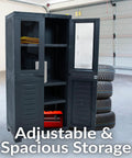 Resin Garage Storage Cabinet With Two Acrylic Glass Doors Freestanding Utility Organizer For Laundry Room Office And Basement Charcoal Finish Heavy Duty 48.75 Inch Tall with open doors showcasing internal shelves.
