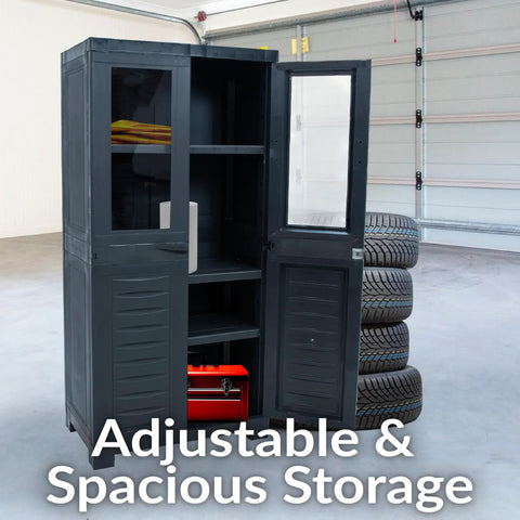 Resin Garage Storage Cabinet With Two Acrylic Glass Doors Freestanding Utility Organizer For Laundry Room Office And Basement Charcoal Finish Heavy Duty 48.75 Inch Tall with open doors showcasing internal shelves.