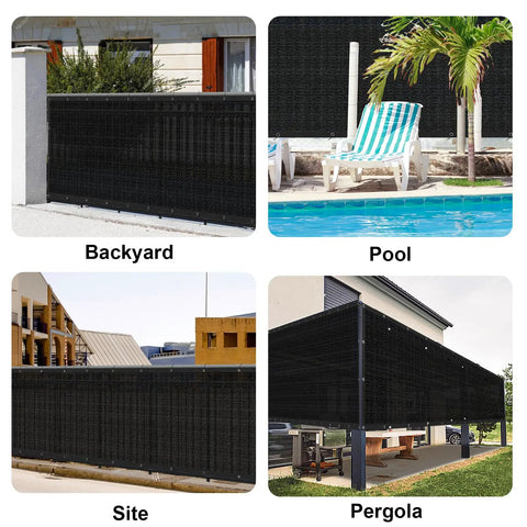 Collage of 5x50 Outdoor Fence Privacy Screen With Grommets Black Wind Block Fencing used in backyard, poolside, site, and pergola