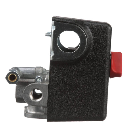 Side view of DPST Pressure Switch For Air Compressors 40 To 175 Psi Diaphragm Actuated Auto Off Four Port One Quarter Inch FNPT.
