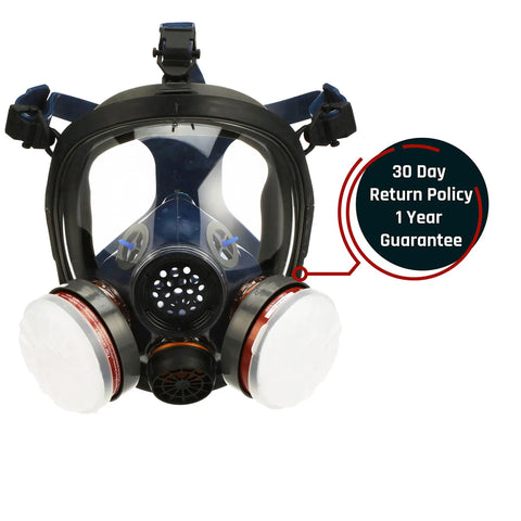 Smoke Black Full Face Respirator With Dual Activated Charcoal Filtration For Organic Vapor And Particulate Protection Anti Fog Eye Shield Heavy Duty Mask Built For Rugged Outdoor Gigs And Industrial Settings front view