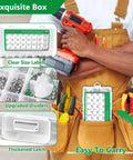 All In One Stainless Steel Screws And Nuts Kit, 820Pcs M2 M3 M4 Set with organizer box, displayed in tool apron with drill