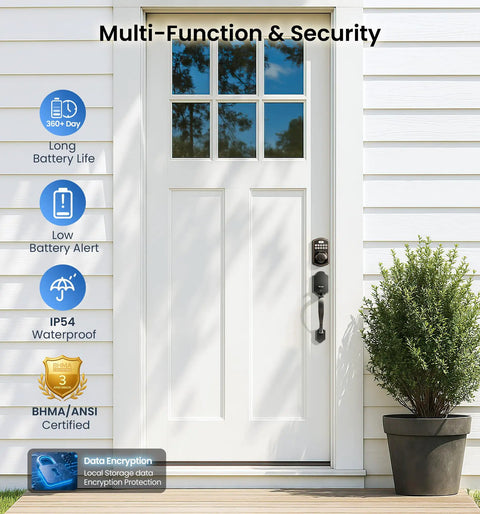 KS02A Fingerprint Keyless Entry Door Lock With Auto Lock And Electronic Keypad Deadbolt installed on a front door.
