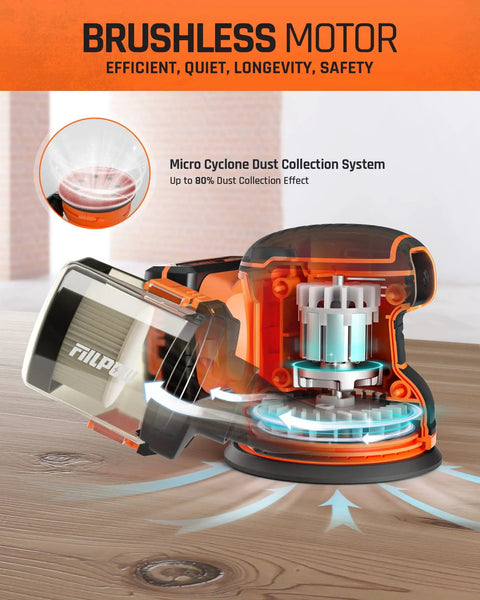 Cordless Random Orbital Sander 20V Brushless With 2.0Ah Battery Micro-Filter Cyclonic Dust Box shown with transparent view