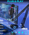 Beast Podcast Microphone For PC, Mac, And iPhone with boom arm and RGB lighting, set up for streaming with gaming monitor.