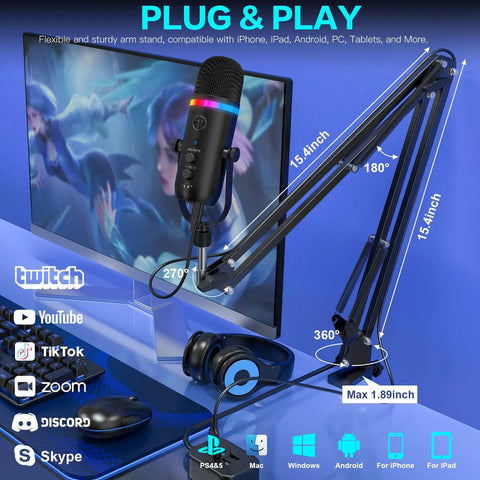 Beast Podcast Microphone For PC, Mac, And iPhone with boom arm and RGB lighting, set up for streaming with gaming monitor.