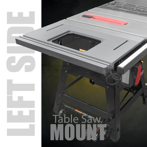 Hella Sturdy Cast Iron Router Table Top Paired With Premium Table Saw Extension Wing Built For Killer Precision And Dead Flat Vibration Free Woodworking Results Measuring Twenty Seven Inches Across, showing left side view of table saw mount.