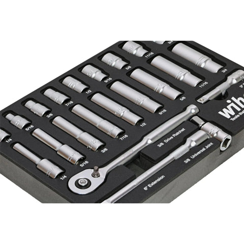 22 Piece Three Eighths Inch Drive Socket Tray Set For Standard And Deep Sockets SAE With 72 Tooth Ratchet And 5 Degree Swing