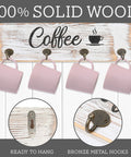 Rustic Wall Mounted Coffee Mug Holder With 12 Cup Hangers Farmhouse Wood Cup Organizer showcasing solid wood with 4 hooks.