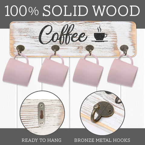 Rustic Wall Mounted Coffee Mug Holder With 12 Cup Hangers Farmhouse Wood Cup Organizer showcasing solid wood with 4 hooks.