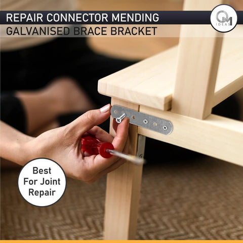Hella Sturdy Galvanized Steel Connector Plates 20 Pack Flat Mending Brackets For Rock Solid Furniture Repair Woodworking Hardware Fixes And Heavy Duty Shelf Support Strips That Lock Down Tight, installing a steel brace on wooden furniture.