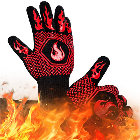 Heat Resistant Grill Gloves With Non Slip Silicone Grip For Oven And Barbecue, 1472 Fahrenheit Safe Cooking Mitts, Red