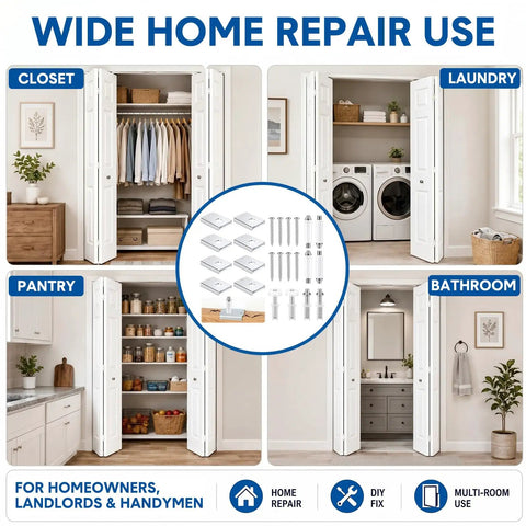 8 Pack Bifold Closet Door Repair Kit DIY Friendly With Metal Pivot Brackets And Spring Pivots For 1-3/8 Inch Wood Folding Doors Includes Screws For Top Or Bottom Replacement And Durable Hardware Reinforcement shown in use for closet, pantry, laundry, and bathroom doors.