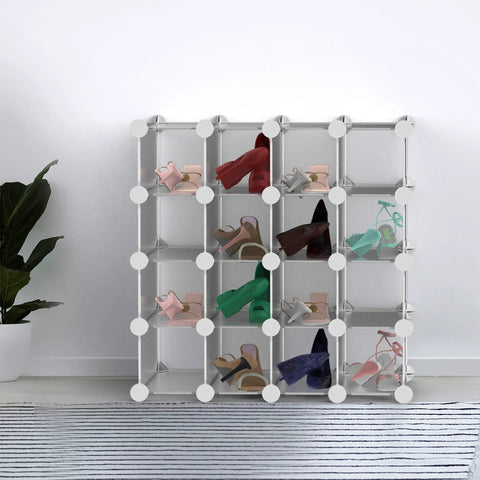16 Cube Organizer Shelves With Interlocking System Dope Storage Solution showcasing shoes in white ABS and metal frame, flexible use.