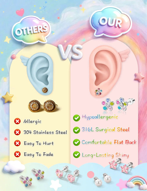 12 Pairs Hypoallergenic Screw Back Earrings Set For Women And Girls Surgical Steel With Cute Heart CZ Flower Pearl Ball Tiny Studs Totally Everyday Jewelry Collection, flat back studs
