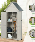 Weatherproof Outdoor Storage Shed With Floor And Adjustable Shelves For Patio Or Garden Rugged Wooden Tool Cabinet 71 Inch Vertical Organizer And Easy Assembly And Yard Ready Design, showing open doors revealing shelves with tools and watering can.