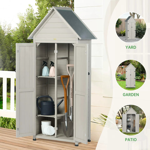 Weatherproof Outdoor Storage Shed With Floor And Adjustable Shelves For Patio Or Garden Rugged Wooden Tool Cabinet 71 Inch Vertical Organizer And Easy Assembly And Yard Ready Design, showing open doors revealing shelves with tools and watering can.