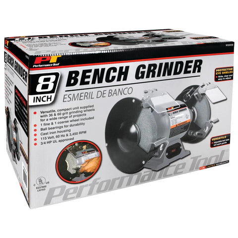 Box packaging of Heavy Duty 8 Inch Bench Grinder With A 0.75 HP Motor, Cast Iron Housing, Ball Bearings, Built To Last, UL Approved