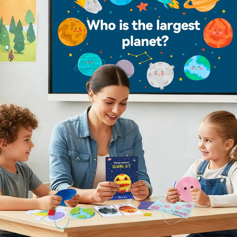 Solar System Sewing Kit For Kids: Beginner Felt Craft Set, classroom scene with kids sewing felt planets