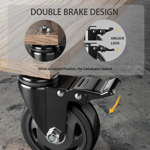 Double brake design of four inch stem caster wheels heavy duty threaded stem casters UNC 3/8-16 x 1 swivel casters for furniture and carts.