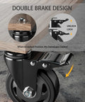 Four Inch Stem Caster Wheels Set Of Four Heavy Duty With Half Inch 13 UNC X 1 Threaded Stem Dual Lock Brakes Industrial Castors For Cart And Furniture 2000 Lbs Capacity Per Caster Ideal For Mobile Carts And Industrial Equipment Use, showing double brake design with an illustration and close-up view.