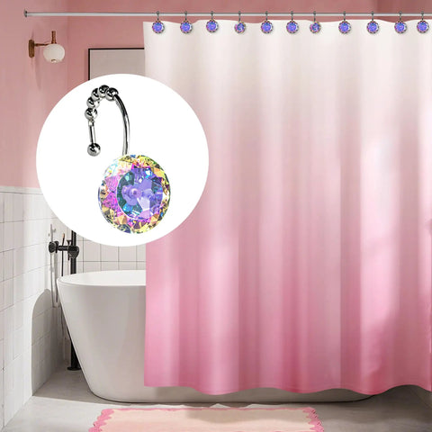 Dope Diamond Crystal Shower Curtain Hooks With Glide Balls Rainbow Color Rustproof Metal Mermaid Rings For Girls 12 Pack Easy Gliding Hardware That Prevents Snags shown holding pink shower curtain.