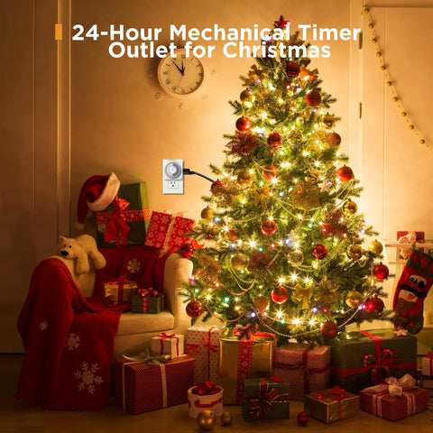 24 Hour Plug In Mechanical Outlet Timers 4 Pack Dead Simple 30 Minute Interval Scheduling Smooth Daily On Off Cycling For Indoor Lights And Everyday Appliances No Sweat Setup next to a brightly lit Christmas tree.