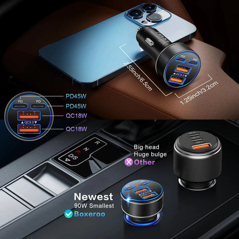 Usb C Car Charger Featuring 90W Fast Charging Multi Port Cigarette Lighter Adapter next to smartphone on leather surface.