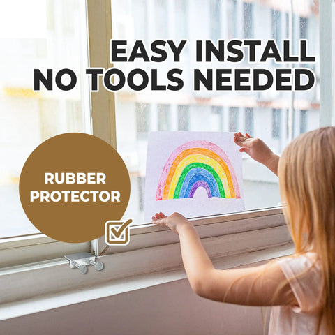 Child near Aluminium Thumb Turn Window Locks 4 Pack for Sliding Doors displaying easy install with rainbow drawing.
